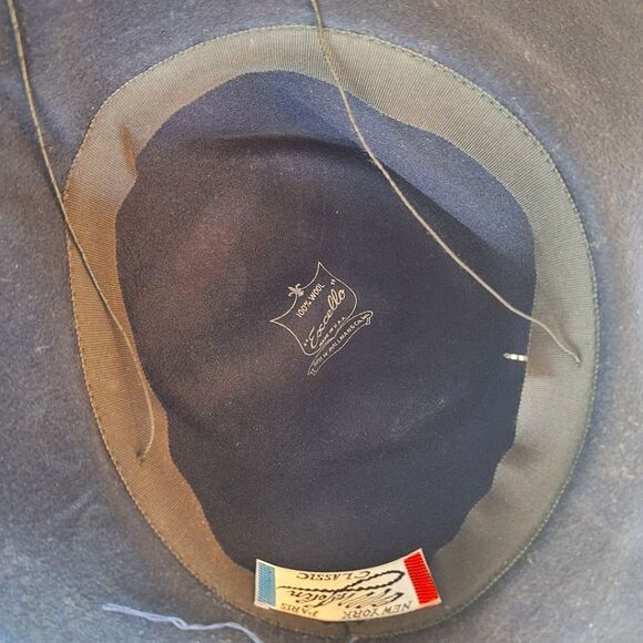 Vintage Mr. John Classic Wool Hat Wide Brim Satin Bow Navy Blue MCM Made in USA - Picture 9 of 13